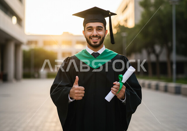 الشعور بالفخر والثقة بالنفس، مفهوم الاجتهاد والتفوق، الاحتفال بإنهاء الدراسة الجامعية، تعابير السرور والسعادة بالنجاح، طالب عربي خليجي سعودي يرتدي عباءه وقبعة التخرج يحمل الشهادة بإيماءات الرضا والسرور