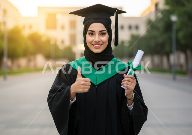 الشعور بالفخر والثقة بالنفس، مفهوم الاجتهاد والتفوق، الاحتفال بإنهاء الدراسة الجامعية، تعابير السرور والسعادة بالنجاح، طالبة عربية خليجية سعودية ترتدي عباءه وقبعة التخرج تمسك بيدها الشهادة تنظر الى الكاميرا بإيماءات الرضا والسرور