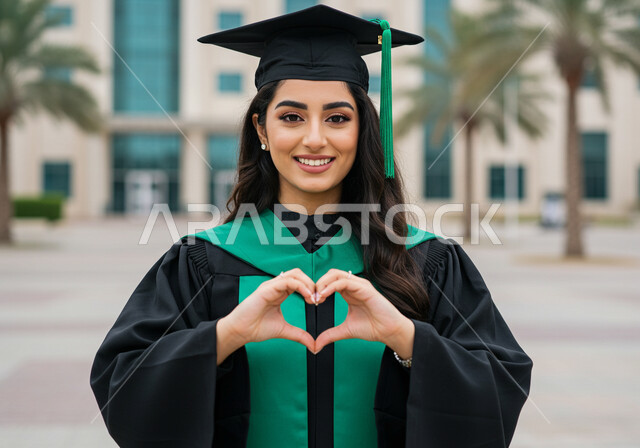 الاحتفال بإنهاء الدراسة الجامعية، تعابير السرور والسعادة بالنجاح، طالبة عربية خليجية سعودية ترتدي عباءه وقبعة التخرج تشكل بيدها شكل القلب تنظر الى الكاميرا بإيماءات الرضا والسرور، الشعور بالفخر والثقة بالنفس، مفهوم الاجتهاد والتفوق