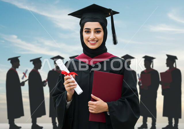 الاحتفال بإنهاء الدراسة الجامعية، تعابير السرور والسعادة بالنجاح، طالبة عربية خليجية سعودية ترتدي عباءه وقبعة التخرج تمسك بيدها الشهادة تنظر الى الكاميرا بإيماءات الرضا والسرور، الشعور بالفخر والثقة بالنفس، مفهوم الاجتهاد والتفوق