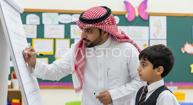 المشاركة الفعالة للطلاب، أهداف التربية والتعليم في المملكة العربية السعودية، التفاعل والمشاركة داخل الفصل الدراسي، معلم عربي خليجي سعودي يرتدي الشماغ والثوب التقليدي يقوم بشرح الدرس للطالب على لوحة مدرسية بيضاء