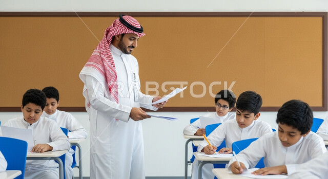 التربية والتعليم في المملكة العربية السعودية، الدراسة والاجتهاد من اجل التفوق، معلم عربي خليجي سعودي يرتدي الثوب التقليدي يقوم بمراقبة الطلاب اثناء تقديم اختبارات نهاية الفصل الدراسي، توزيع اوراق الاختبار