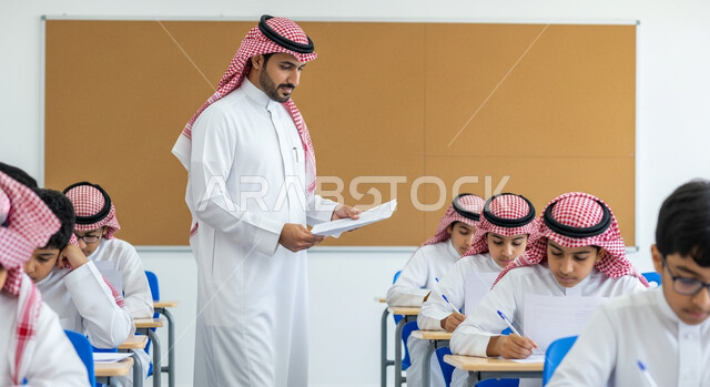 التربية والتعليم في المملكة العربية السعودية، الدراسة والاجتهاد من اجل التفوق، معلم عربي خليجي سعودي يرتدي الثوب التقليدي يقوم بمراقبة الطلاب اثناء تقديم اختبارات نهاية الفصل الدراسي، توزيع اوراق الاختبار