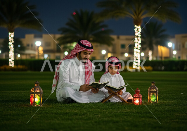 تلاوة وحفظ القرآن الكريم، زينة وفانوس شهر رمضان المبارك، جلسة خارجية في الهواء الطلق، تربية الاولاد على الفطرة الاسلامية الصحيحة، رجل عربي خليجي سعودي يرتدي الشماغ والثوب التقليدي يجلس على العشب يقرأ من المصحف الشريف بجانب ابنه في الليل