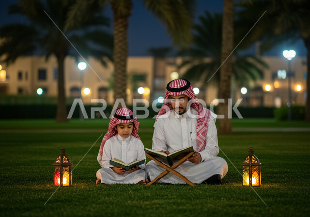 تلاوة وحفظ القرآن الكريم، زينة وفانوس شهر رمضان المبارك، جلسة خارجية في الهواء الطلق، تربية الاولاد على الفطرة الاسلامية الصحيحة، رجل عربي خليجي سعودي يرتدي الشماغ والثوب التقليدي يجلس على العشب يقرأ من المصحف الشريف بجانب ابنه في الليل