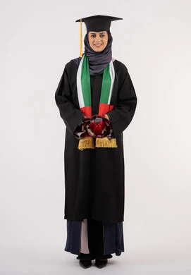 University occasion and celebration, celebration of completing university studies, gestures of happiness for reaching the dream of success, portrait of a veiled Arab Gulf Emirati graduate wearing graduation dress and cap, holding a bouquet of flowers in her hand, looking at the camera with an expression of pleasure, full body, white background