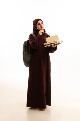 Thinking about something, enjoying the hobby of reading, a portrait of a university student, an Arab Gulf Saudi woman wearing a hijab, an abaya, and a backpack reading a book, spending free time on useful activities, the concept of learning, excellence, and diligence, full-body, white background.