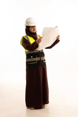 Project management and follow-up, reviewing and presenting project drafts in full, women's work in the engineering sector, the concept of engineering and architectural constructions, a portrait of a veiled Saudi Gulf Arab female engineer wearing a safety vest and helmet holding a construction plan, full-body, white background.