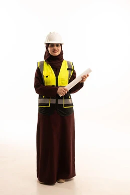 The concept of engineering and architectural construction, women's work in the engineering sector, a portrait of a Saudi Gulf Arab female engineer wearing a hijab, safety vest, and helmet holding a construction plan, reviewing and presenting project blueprints in full, managing and following up on the project, full-body, white background.