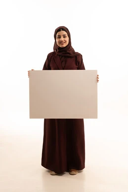 White rectangular mockup, marketing offers and advertisements, portrait of an Arab Gulf Saudi woman wearing a hijab and abaya holding a blank rectangular white board with both hands, looking at the camera with gestures of self-confidence, illustrative boards and educational tools, full body, white background. White rectangular mockup, marketing offers and advertisements, portrait of an Arab Gulf Saudi woman wearing a hijab and abaya holding a blank rectangular white board with both hands, looking at the camera with gestures of self-confidence, illustrative boards and educational tools, full body, white background.