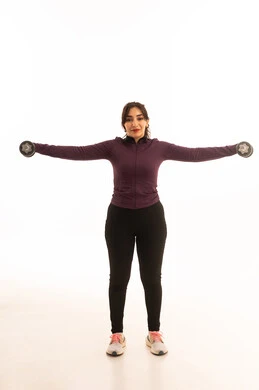 Physical activity to maintain health and physical fitness, a portrait of a Saudi Gulf Arab girl wearing sportswear, exercising with dumbbells, a healthy lifestyle, weightlifting exercises (dumbbells), lifting heavy weights, full-length image, white background.