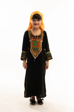 Pride in Saudi heritage, looking at the camera with gestures of pleasure, wearing southern region costumes on national occasions, the day of our beginnings in 1727 AD, the anniversary of the founding of the first Saudi state on February 22, portrait of a Saudi Gulf Arab girl wearing a sheila and a sidrah, full body, white background