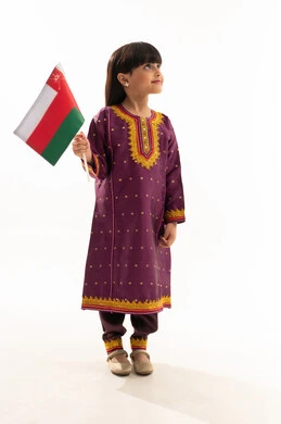 Love of the homeland and belonging to it, portrait of an Arab Gulf Omani girl wearing traditional folk costume carrying the Omani flag, celebrating Omani National Day, November 18, national symbols and cultures, commemorating the founding of the state in 1775 AD, full-length body, white background