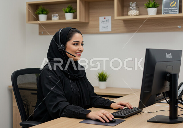 مفهوم الاستعلامات والاستفسارات، استخدام التقنيات الحديثة، صورة مقربة لموظفة عربية خليجية سعودية محجبة تعمل في خدمة العملاء وترتدي سماعة الاتصال تستخدم الحاسوب المحمول بإيماءات الثقة بالنفس، الاجابه على اسئلة العملاء، متابعة وتطوير العمل