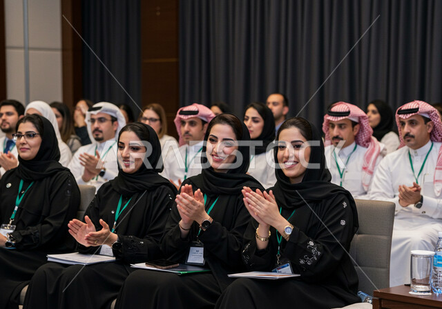 Participation in cultural conferences, mastery of the art of public speaking and oratory, speaking and dialogue skills, a group of Saudi Arabian Gulf businessmen and women attending and presenting workshops and training courses, gestures and expressions of integration, focus and self-confidence
