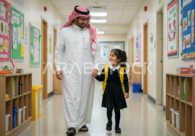 رعاية الأولاد وتقديم الدعم والتشجيع لهم في بداية السنة الدراسية، الحضور المبكر للحصص المدرسية، السعادة والحماس بالعودة إلى المدرسة، أب عربي خليجي سعودي يرتدي الشماغ والثوب التقليدي يرافق ابنته إلى المدرسة في يومها الدراسي الأول، تلميذة مرتبة تحمل حقيبة الظهر بفرح