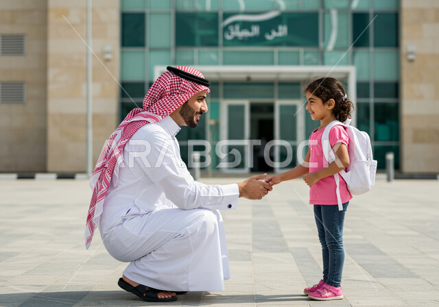 رعاية الأولاد وتقديم الدعم والتشجيع لهم في بداية السنة الدراسية، الحضور المبكر للحصص المدرسية، السعادة والحماس بالعودة إلى المدرسة، أب عربي خليجي سعودي يرتدي الشماغ والثوب التقليدي يرافق ابنته إلى المدرسة في يومها الدراسي الأول، تلميذة مرتبة تحمل حقيبة الظهر بفرح