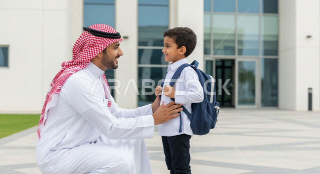 التحفيز المعنوي للأبناء في أول أيام الدوام المدرسي، إلقاء عبارات التشجيع الداعمة وتقديم الدعم النفسي، موسم العودة إلى المدارس بالمملكة العربية السعودية، مفهوم الأبوة والحنان، اب عربي خليجي سعودي يرتدي الشماغ والثوب التقليدي ويقف برفقة ابنه