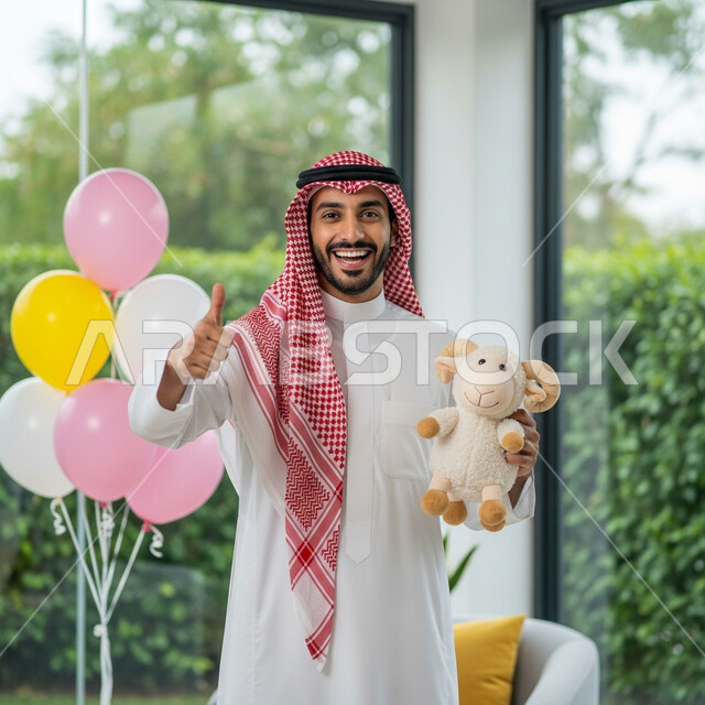 ايماءات البهجة والفرح والسعادة, رجل عربي خليجي سعودي مبتسم يرتدي الثوب التقليدي والشماغ و يحمل بيده دمية على شكل خاروف عيد الاضحى المبارك, أعياد ومناسبات اسلامية, الاحتفال بالعيد السعيد في المنزل