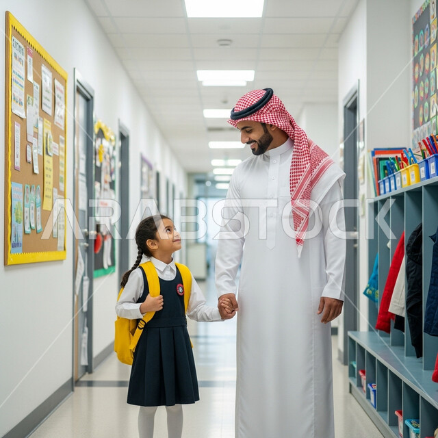 رعاية الأولاد وتقديم الدعم والتشجيع لهم في بداية السنة الدراسية، الحضور المبكر للحصص المدرسية، السعادة والحماس بالعودة إلى المدرسة، أب عربي خليجي سعودي يرتدي الشماغ والثوب التقليدي يرافق ابنته إلى المدرسة في يومها الدراسي الأول، تلميذة مرتبة تحمل حقيبة الظهر بفرح