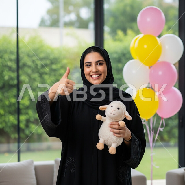 ايماءات البهجة والفرح والسعادة, إمرأة عربية خليجية سعودية مبتسمة ترتدي الحجاب والعباءة تحمل بيدها دمية على شكل خاروف عيد الاضحى المبارك, أعياد ومناسبات اسلامية, الاحتفال بالعيد السعيد في المنزل