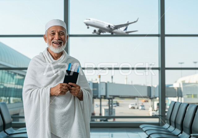 أداء فريضة الحج و العمرة في موسم الحج, الاستعداد للتوجه و الانطلاق لزيارة بيت الله الحرام, رجل عربي خليجي سعودي يرتدي ملابس الاحرام و يحمل جواز السفر و تذكرة الطائرة بايماءات السعادة والحماس للوصول لمكة المكرمة.