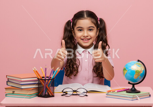 الاستعداد لحل الواجبات المنزلية بتعابير وايماءات السعادة والسرور، الاعجاب والقبول والرضا، بورتريه مقرب لطالبة عربية خليجية سعودية مبتسمة ترتدي اليونيفورم المدرسي ترفع اصبع الابهام لاعلى تجلس على مكتبه للدراسة، خلفية وردية 