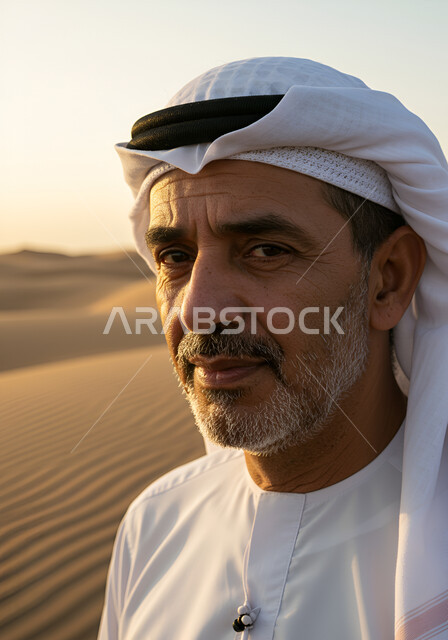 الرمال الذهبية الناعمة في الصحراء في النهار،  رجل عربي خليجي اماراتي كبير بالسن يرتدي الكندورة والغترة ينظر إلى الكاميرا، الكثبان والتضاريس الطبيعية في الامارات العربية المتحدة، التكوينات والتشكلات الرملية في الصحاري