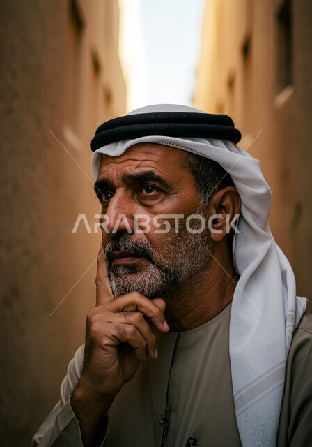 Concern for outward appearance, the concept of elegance and masculinity, a close-up image of an Emirati Gulf Arab man wearing a kandura and ghutra, placing his hand on his cheek, taking personal photos for official documents