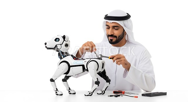 الابتكار وعلوم تكنولوجيا الذكاء الاصطناعي, رؤية مستقبلية اماراتية 2031, التطور التكنولوجي على كوكب الأرض, تصاميم ثلاثية الأبعاد للروبوتات المستقبلية, تحقيق الثورة الصناعية، بورتريه لرجل عربي خليجي اماراتي يرتدي الكندورة والغترة يقوم بصيانة كلب روبوت، خلفية بيضاء