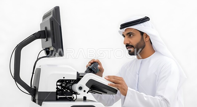 الابتكار وعلوم تكنولوجيا الذكاء الاصطناعي, رؤية مستقبلية اماراتية 2031 , التطور التكنولوجي على كوكب الأرض, تحقيق الثورة الصناعية، بورتريه لرجل عربي خليجي اماراتي يرتدي الكندورة والغترة يقوم بالعمل على جهاز متطور، خلفية بيضاء