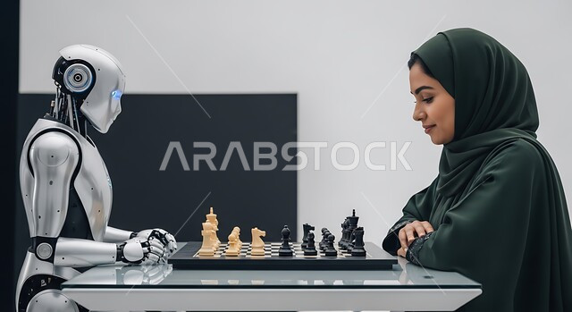 لعبة التركيز والتحدي, ألعاب التسلية والترفيه, مفهوم التخطيط واختيار الاستراتيجيات الصحيحة،، بورتريه لإمرأة عربية خليجية سعودية ترتدي الحجاب والعباءة تقوم باللعب مع روبوت بشري آلي، التحكم بأحجار الشطرنج باستخدام الذكاء الاصطناعي, خلفية بيضاء