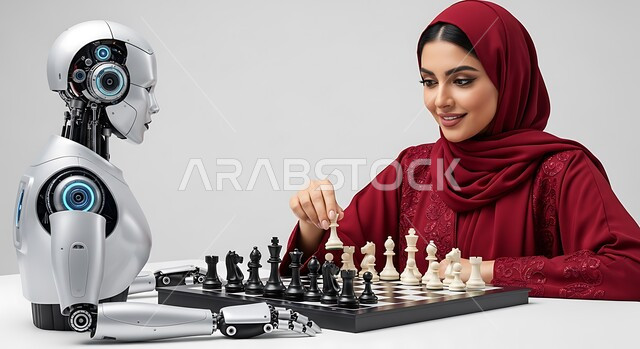  لعبة التركيز والتحدي, ألعاب التسلية والترفيه, مفهوم التخطيط واختيار الاستراتيجيات الصحيحة،، بورتريه لإمرأة عربية خليجية سعودية ترتدي الحجاب والعباءة تقوم باللعب مع روبوت بشري آلي، التحكم بأحجار الشطرنج باستخدام الذكاء الاصطناعي, خلفية بيضاء