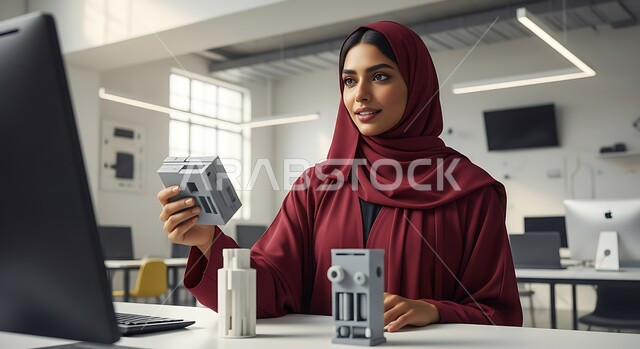  تحقيق الثورة الصناعية، الابتكار وعلوم تكنولوجيا الذكاء الاصطناعي, رؤية مستقبلية سعودية 2030, التطور التكنولوجي على كوكب الأرض, بورتريه مقرب لإمرأة عربية خليجية سعودية ترتدي الحجاب والعباءة تقوم بالعمل على جهاز متطور، خلفية بيضاء