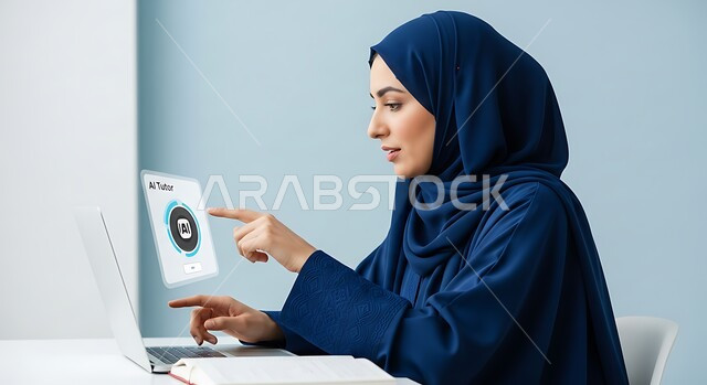 تحقيق الثورة الصناعية، الابتكار وعلوم تكنولوجيا الذكاء الاصطناعي, رؤية مستقبلية سعودية 2030, التطور التكنولوجي على كوكب الأرض, بورتريه مقرب لإمرأة عربية خليجية سعودية ترتدي الحجاب والعباءة تقوم بالعمل على شاشة هولوجرامية، خلفية بيضاء