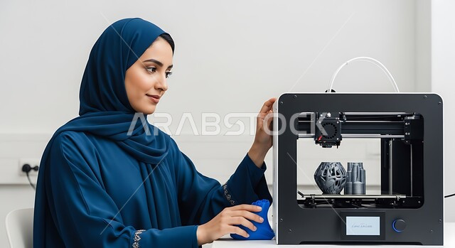  تحقيق الثورة الصناعية، الابتكار وعلوم تكنولوجيا الذكاء الاصطناعي, رؤية مستقبلية سعودية 2030, التطور التكنولوجي على كوكب الأرض, بورتريه مقرب لإمرأة عربية خليجية سعودية ترتدي الحجاب والعباءة تقوم بالعمل على جهاز متطور، خلفية بيضاء