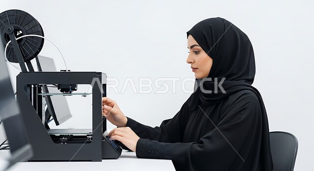 الابتكار وعلوم تكنولوجيا الذكاء الاصطناعي, رؤية مستقبلية سعودية 2030, التطور التكنولوجي على كوكب الأرض, تحقيق الثورة الصناعية، بورتريه لإمرأة عربية خليجية سعودية ترتدي الحجاب والعباءة تقوم بالعمل على جهاز متطور، خلفية بيضاء