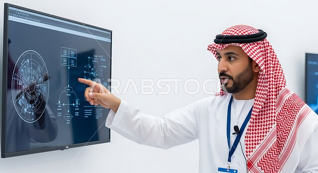 سوق البورصة العالمي، تداول العملة الرقمية، دمج التكنولوجيا المتطورة مع العمل، الرسوم البيانيه الهولوجراميه على شاشة الكترونيه مضيئه، بورتريه مقرب لرجل أعمال عربي خليجي سعودي يرتدي الثوب التقليدي والشماغ يقوم بالشرح عن ارتفاع وانخفاض الأسهم، خلفية بيضاء