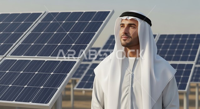 إنتاج وتوفير الكهرباء من اشعة الشمس، صورة مقربة لمهندس عربي خليجي اماراتي مبتسم يرتدي الغترة والكندورة ينظر الى شيء ما بتعابير التأمل والتفكير، الطاقة الشمسية المتجددة, إنتاج الطاقة البديلة الصديقة للبيئة في الإمارات العربية المتحدة, محطات الألواح الكهروضوئية