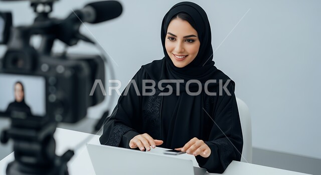 تجهيز المعدات المتطورة لالتقاط صور فوتوغرافية، تصوير اعلاني تسويقي، مفهوم خلف الكواليس، بورتريه مقرب لإمرأة عربية خليجية سعودية ترتدي الحجاب والعباءة تعمل في مجال الإعلانات، جلسة تصوير في الاستوديو، خلفية بيضاء