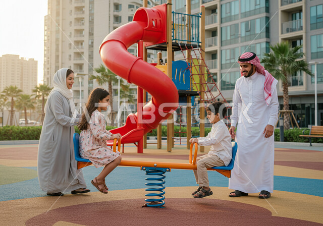  اجواء صيفية ممتعة، العاب الحدائق في المملكة العربية السعودية، الاستمتاع باللعب في لعبة التوازن برفقة الاهل، زوجان خليجيان عربيان سعوديان يشاهدان ولديهما اثناء اللعب بالالعاب الترفيهية، التسلية والترفيه مع العائلة