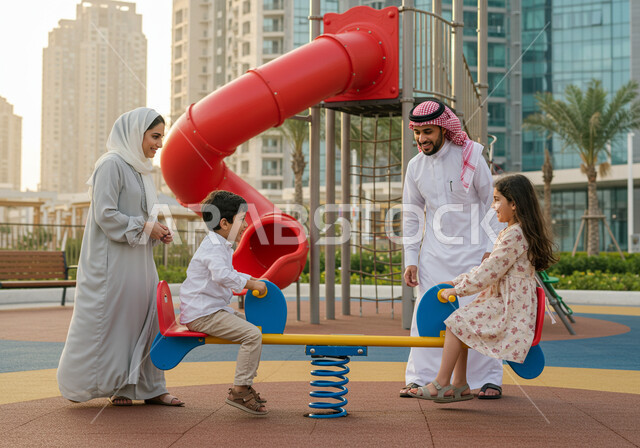  اجواء صيفية ممتعة، العاب الحدائق في المملكة العربية السعودية، الاستمتاع باللعب في لعبة التوازن برفقة الاهل، زوجان خليجيان عربيان سعوديان يشاهدان ولديهما اثناء اللعب بالالعاب الترفيهية، التسلية والترفيه مع العائلة
