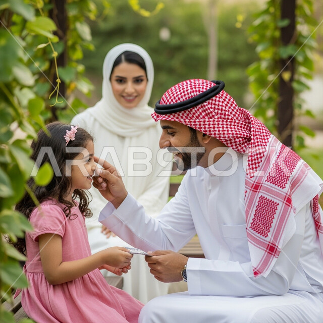  اجواء العائلة السعودية في الاعياد والمناسبات السعيدة، بهجه وفرحة تجمع الاسرة، ايماءات السرور والسعادة، مفهوم صلة الرحم، رجل عربي خليجي سعودي يرتدي الشماغ والثوب التقليدي يقوم باللعب مع ابنته