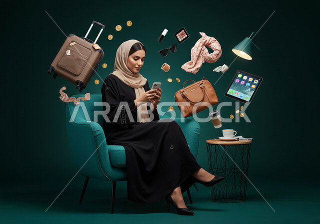 استخدام الأجهزة والتقنيات الحديثة والمتطورة، التسوق عبر الانترنت الذكي والآمن من المحلات والمتاجر الالكترونية، بورتريه لإمرأة عربية خليجية سعودية محجبة ترتدي العباءة السوداء تحمل بيدها الهاتف محمول، شراء المستلزمات والاحتياجات، خلفية زرقاء مع ايقونات