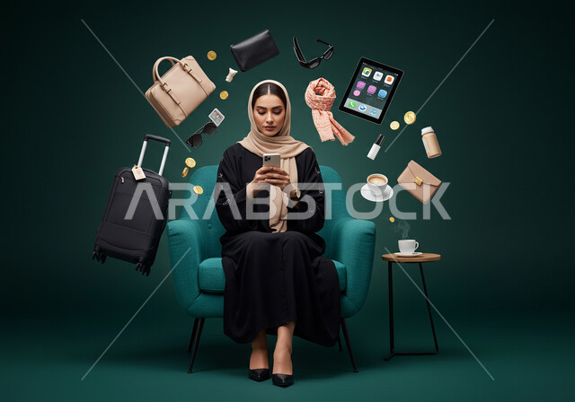 Using modern and advanced devices and technologies, smart and secure online shopping from shops and electronic stores, portrait of a veiled Saudi Arabian Gulf woman wearing a black abaya holding a mobile phone in her hand, buying supplies and needs, blue background with icons