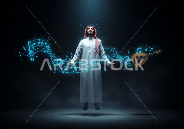 الإستمتاع بالعزف على الآلات الوترية الكلاسيكية، جلسة وناسة وطرب، فنان يقدم البرامج والفنون الموسيقية والفن المسرحي، مواهب فنية موسيقية، بورتريه لرجل خليجي سعودي عربي يرتدي الثوب التقليدي والشماغ يقوم بممارسة الهوايات الفنية، ، خلفية رمادية