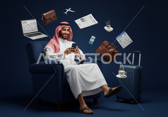 إدارة شؤون الأعمال وتنظيمها عبر الاجهزة التقنية، دمج العمل مع التقنيات والتكنولوجيا، مهن ووظائف ادارية مكتبية, بورتريه لرجل اعمال عربي خليجي سعودي يرتدي الثوب التقليدي والشماغ يمسك بيده الهاتف المحمول، إنجاز المهام العمل المطلوبة، خلفية زرقاء مع ايقونات 