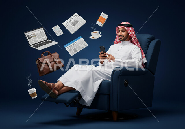 Managing and organizing business affairs through technical devices, integrating work with techniques and technology, office administrative professions and jobs, portrait of a Saudi Arabian Gulf businessman wearing traditional thobe and shemagh holding a mobile phone in his hand, completing required work tasks, blue background with icons