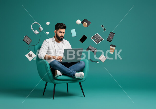  دمج العمل مع التقنيات والتكنولوجيا، إدارة شؤون الأعمال وتنظيمها عبر الاجهزة التقنية، مهن ووظائف ادارية مكتبية, بورتريه لرجل اعمال عربي خليجي سعودي يرتدي الزي الكاجوال يمسك بيده الهاتف المحمول، إنجاز المهام العمل المطلوبة، خلفية زرقاء مع ايقونات 