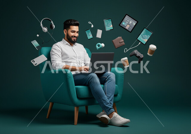 Integrating work with technology and techniques, managing and organizing business affairs through technical devices, office administrative professions and jobs, portrait of a Saudi Arabian Gulf businessman wearing casual clothes holding a mobile phone in his hand, completing the required work tasks, blue background with icons